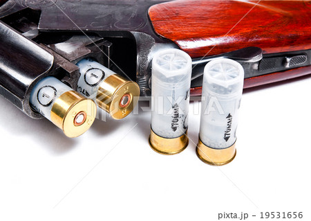 Hunting shotgun and ammunition on white. 19531656