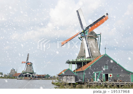 Windmills in snowy villlage Zaanse Schans, Holland 19537968