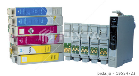 stack of used ink colored cartridges 19554723