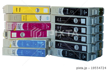 stack of used ink colored cartridges 19554724