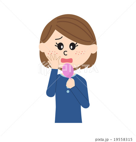 鏡を手に持ち頬ニキビに悩む若い女性 19558315