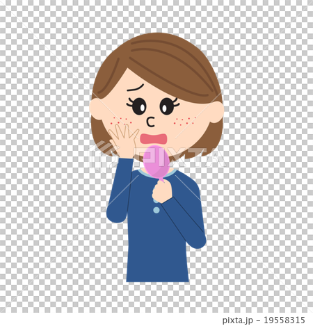 鏡を手に持ち頬ニキビに悩む若い女性 19558315