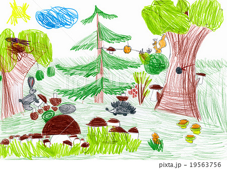 forest and wild animals. child drawing 19563756