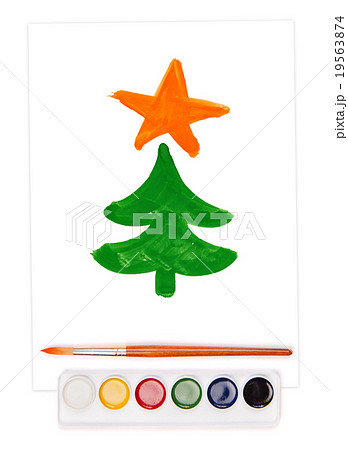 painted fir tree, watercolor set and brush 19563874