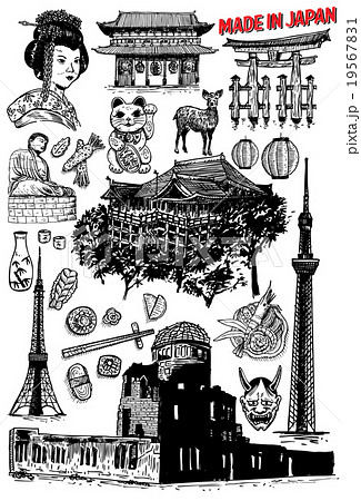 Hand drawn of Japanese landmarks and icons 19567831