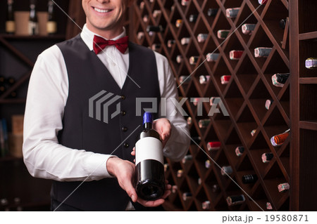Cheerful winehouse worker is presenting elegant 19580871