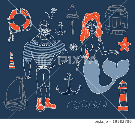 set with sailor, lighthouse, mermaid, ship and 19582789
