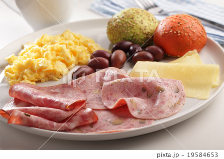 Breakfast with sausages, scrambled eggs, cheese, olives, and buns Breakfast with sausages, scrambled eggs, cheese, olives, and buns 19584653