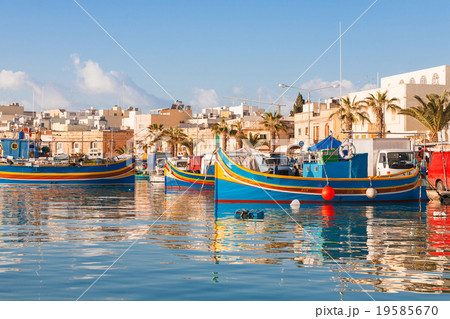Colorful traditional boats, Marsaxlokk, Malta. 19585670