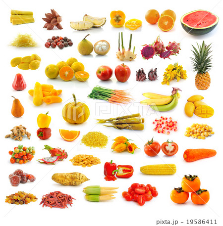 Fruits, vegetables, yellow and red. 19586411