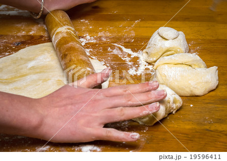 Hands baking dough with rolling pin on table Hands baking dough with rolling pin on table 19596411
