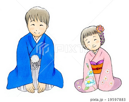 着物を着た子供 男の子と女の子 挨拶 のイラスト素材