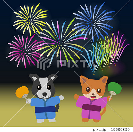花火大会を見ている犬と猫のイラスト素材