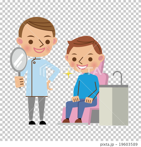 治療後に患者へ鏡を見せる歯科医（若い男性） 19603589