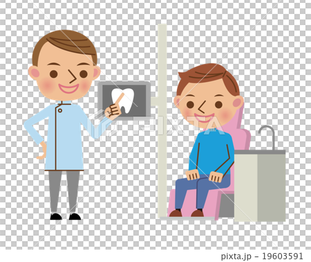 診察台に座る患者へタブレットで説明をする歯科医師（若い男性） 19603591