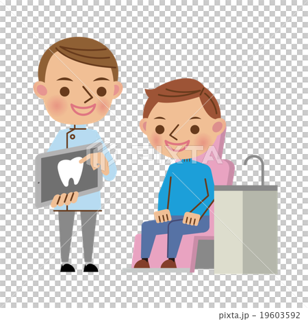 A dentist (cellphone, young man) who explains with a tablet to a patient sitting on the examination table A dentist (cellphone, young man) who explains with a tablet to a patient sitting on the examination table 19603592