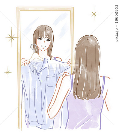 鏡の前で服を試着する女性のイラスト素材