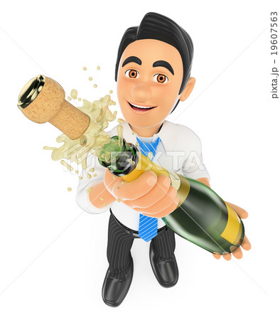3D Businessman uncorking a bottle of champagne 3D Businessman uncorking a bottle of champagne 19607563