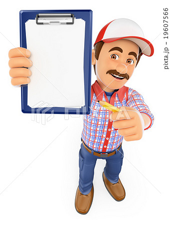 3D Worker with blank clipboard and a pencil 19607566