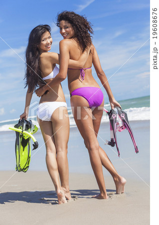 Beautiful Bikini Women Girls At Beach - Stock Photo 19608676