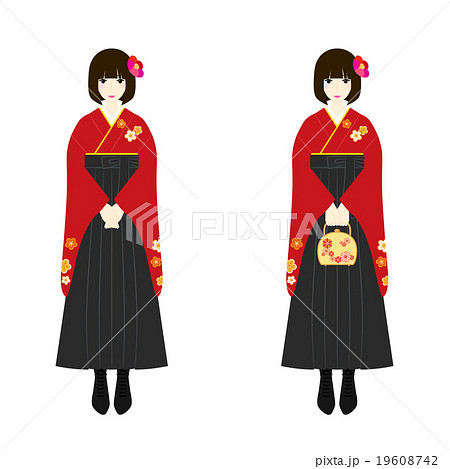 イラスト素材 袴姿の女性 赤い着物 黒い袴 ブーツのイラスト素材