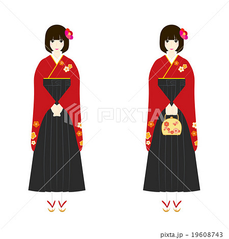 イラスト素材 袴姿の女性 赤い着物 黒い袴 草履のイラスト素材