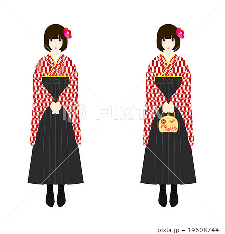 イラスト素材 袴姿の女性 紅白の矢絣の着物 黒い袴 ブーツのイラスト