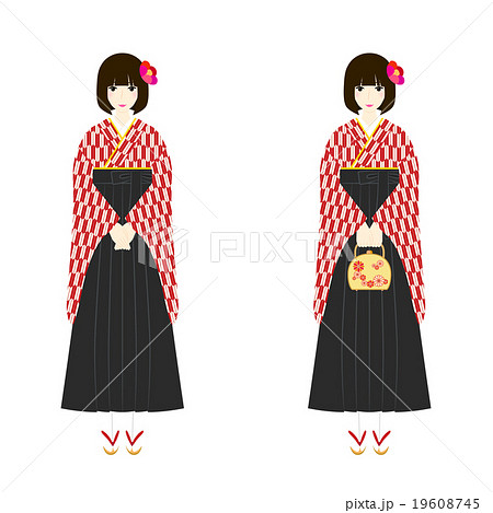 イラスト素材 袴姿の女性 紅白の矢絣の着物 黒い袴 草履のイラスト素材