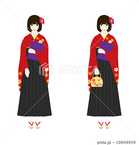 イラスト素材 袴姿の女性 卒業式 赤い着物 黒い袴 草履のイラスト素材