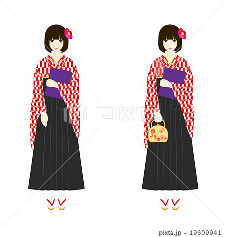 イラスト素材 袴姿の女性 卒業式 赤い矢絣の着物 黒い袴 草履の