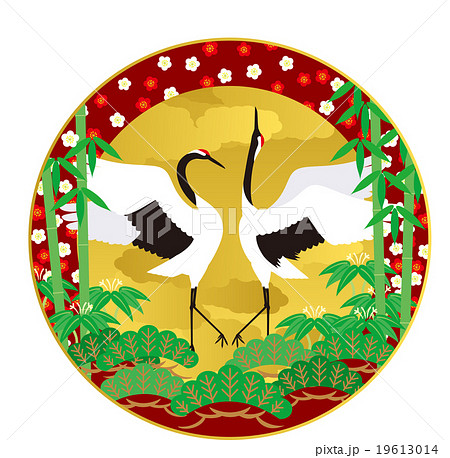 夫婦鶴と松竹梅のベクター背景 19613014