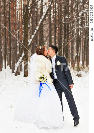 bride and groom kissing in the winter woods bride and groom kissing in the winter woods 19623634
