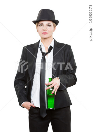 businesswoman wearing a hat and tie, holding businesswoman wearing a hat and tie, holding 19639275
