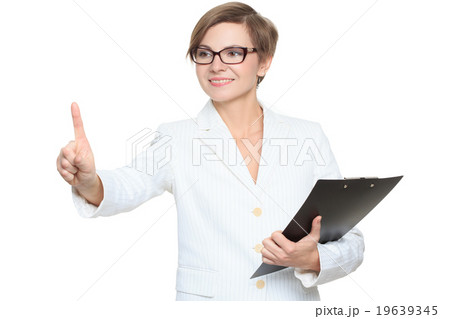 Young attractive businesswoman pressing the 19639345