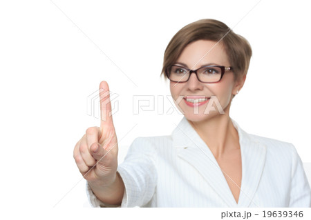 Young attractive businesswoman pressing the Young attractive businesswoman pressing the 19639346