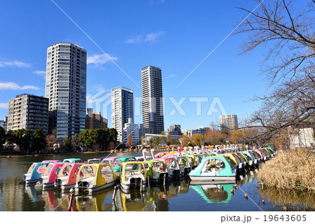 静かな池の水面にボートの影が映るの写真素材