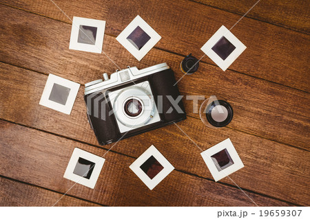 View of an old camera with photos slides 19659307