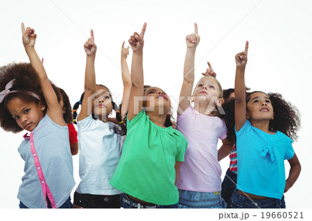 Line of girls standing with hands pointing up 19660521