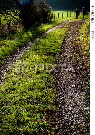 Pathway over green grass leading to couple holding 19676816