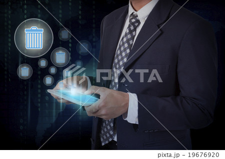Businessman hand touch bin trashcan icons Businessman hand touch bin trashcan icons 19676920