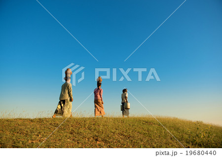 Group Asian Burmese traditional farmers walking home 19680440