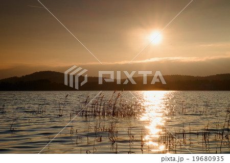 Beautiful autumn sunrise or sunset with Reflection 19680935