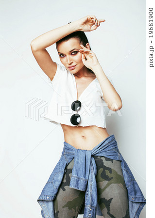 young pretty brunette girl hipster on white young pretty brunette girl hipster on white 19681900