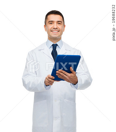 smiling male doctor in white coat with tablet pc smiling male doctor in white coat with tablet pc 19688232