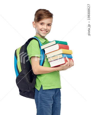 happy student boy with school bag and books happy student boy with school bag and books 19688627