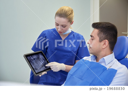 female dentist with tablet pc and male patient 19688830