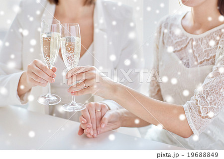 close up of lesbian couple with champagne glasses close up of lesbian couple with champagne glasses 19688849
