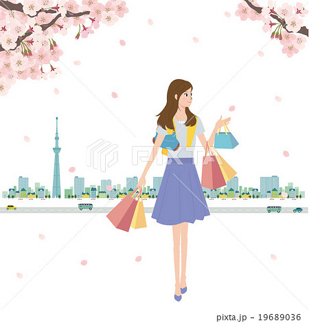 春 桜 女性 ショッピング イラストのイラスト素材