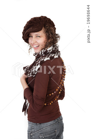 beautiful woman in winter hat isolated on a white beautiful woman in winter hat isolated on a white 19698644