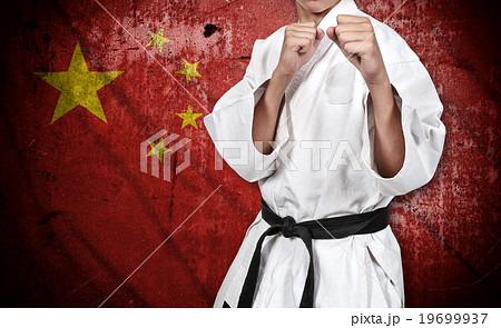 karate fighter in kimono and china flag 19699937